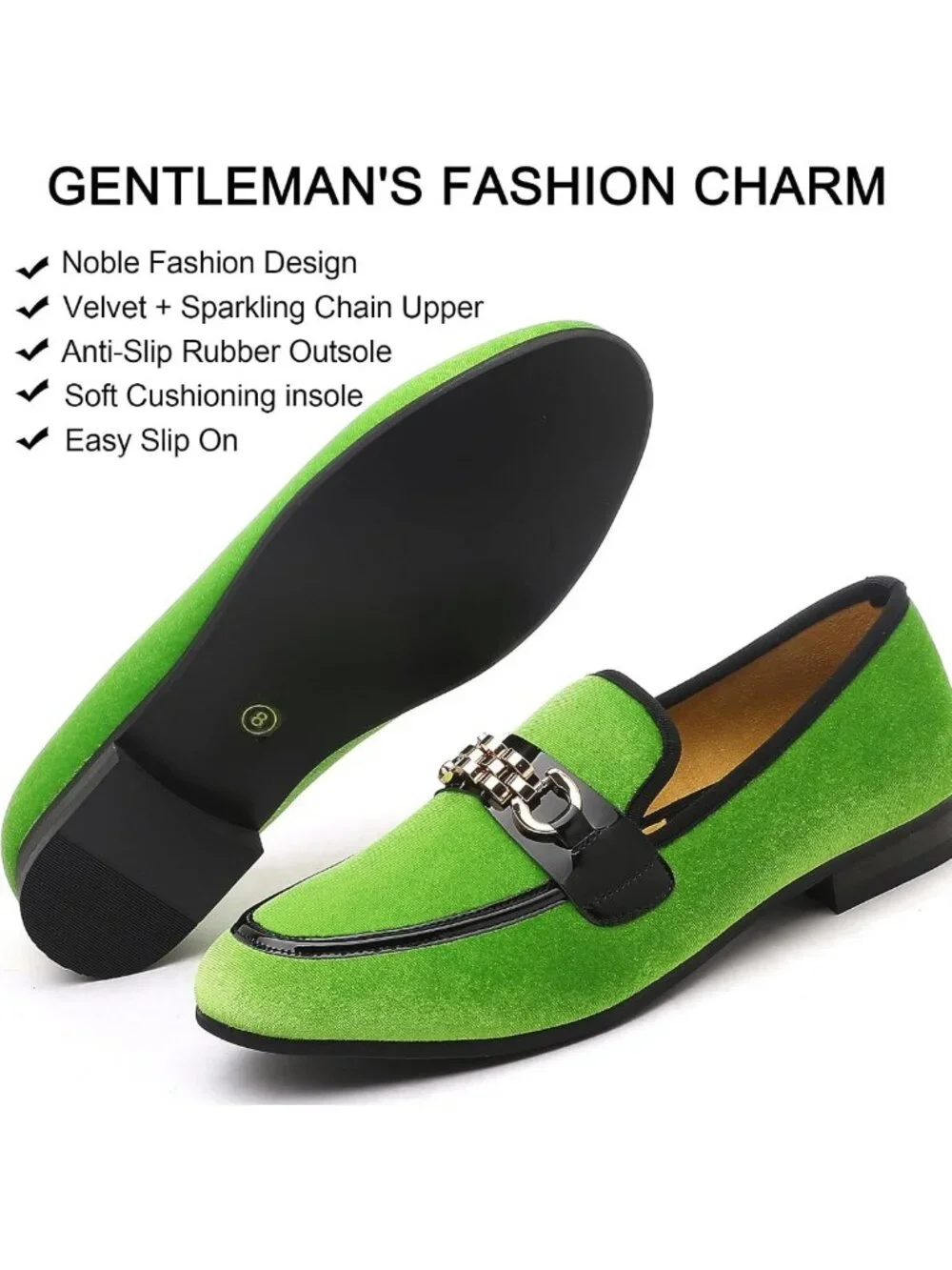 Men's Velvet Slip-On Loafers with Gold Chain Detail - Stylish Smoking Flats